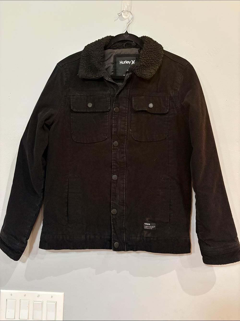 Hurley Men’s S Black Corduroy Sherpa Collar Trucker Jacket Thermwall